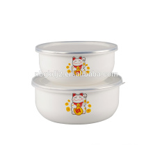 China style 2 pcs enamel ice bowl with plastic cover lucky cat